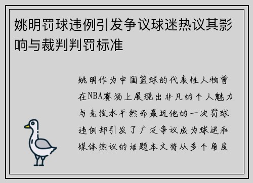 姚明罚球违例引发争议球迷热议其影响与裁判判罚标准
